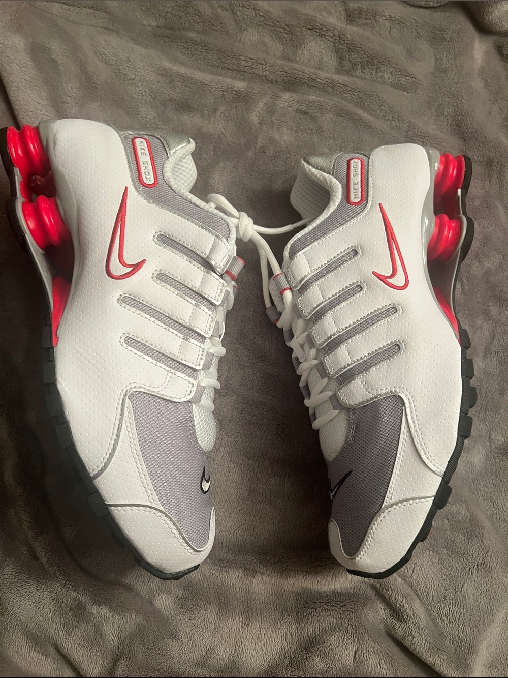 Nike Shox ND White and Gray Shox Sneakers with Black Swoosh and Red Accents